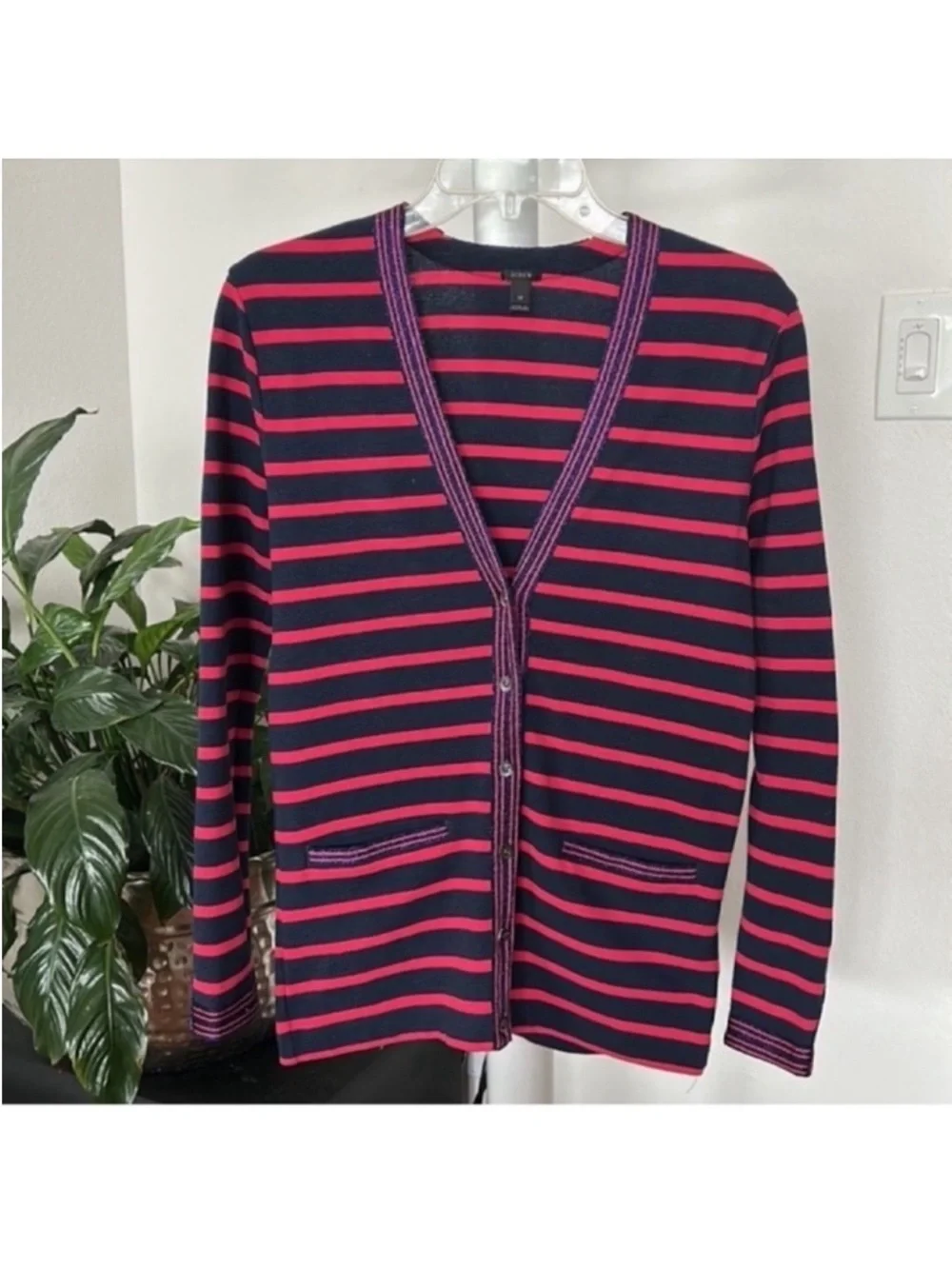 J. Crew Metallic-Trim Striped Cardigan Sweater Sz XS Navy Blue Red Buttoned